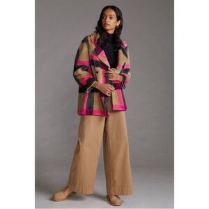 Anthropologie Vilagallo Plaid with hot pink statement teddy jacket